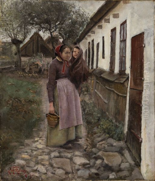 Uden for et bondehus Oil Painting by Laurits Andersen Ring
