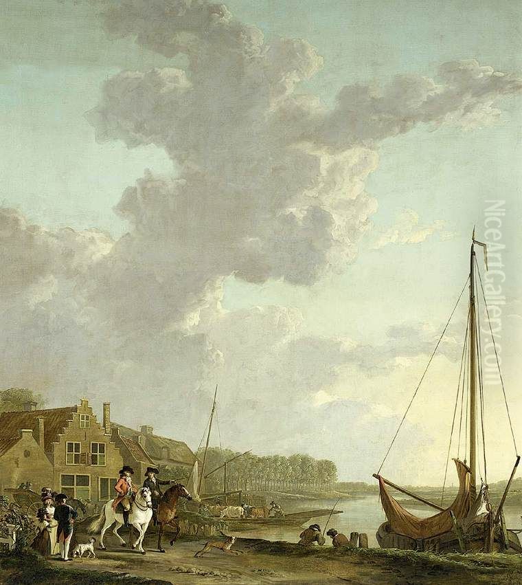 An Extensive River Landscape Oil Painting by Abraham van Strij