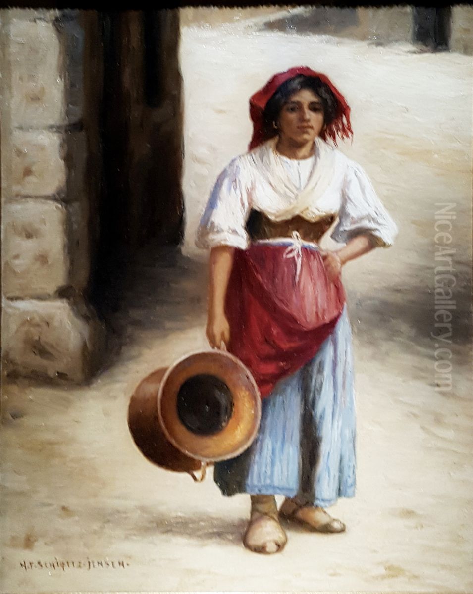 Ung italienerinde med vandkrukke Oil Painting by Niels Frederik Schiottz-Jensen