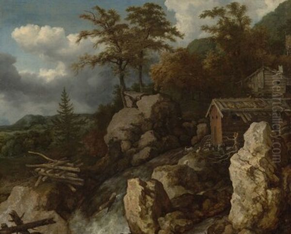 Waterfall with Log Cabins Oil Painting by Allaert van Everdingen