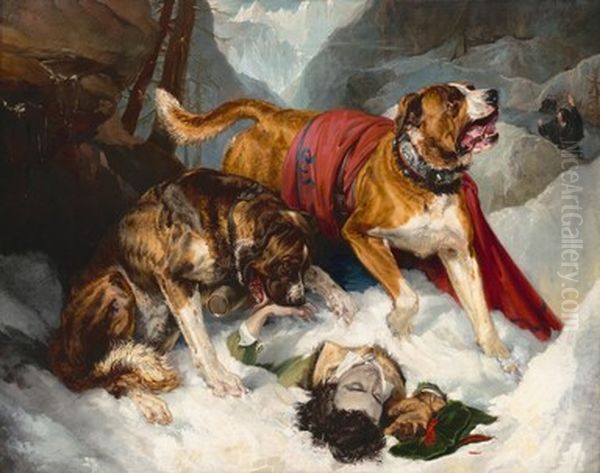 Alpine Mastiffs Reanimating a Distressed Traveler Oil Painting by Sir Edwin Henry Landseer