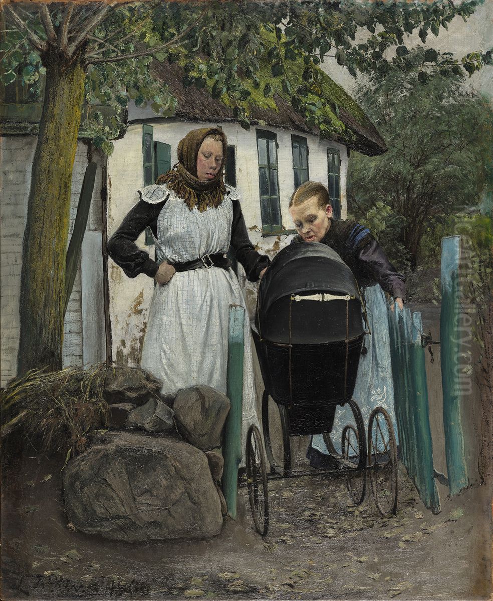 Uden for et bondehus. To kvinder med en barnevogn Oil Painting by Laurits Andersen Ring
