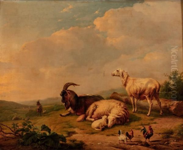 Sheep, Goat, and Chickens Oil Painting by Eugene Verboeckhoven