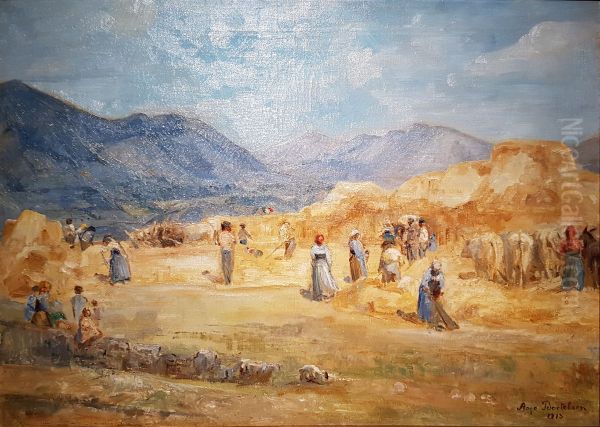 Harvest in Italy Oil Painting by Aage Bertelsen
