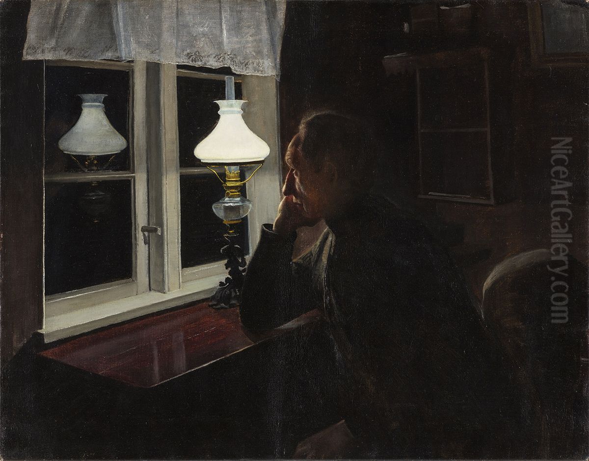 Alene. Interior ved lampelys med en mand siddende i tanker Oil Painting by Laurits Andersen Ring