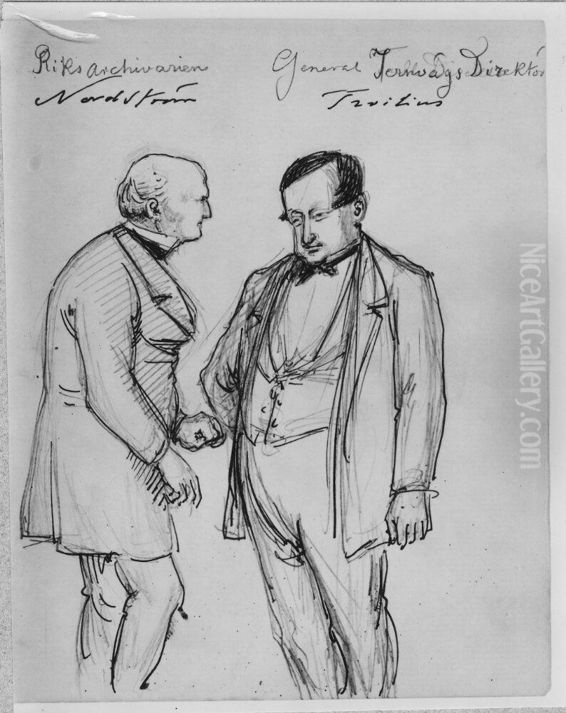 Johan Jakob Nordstrom (1801-1874), professor, keeper of the Public Records, married to Anna Kristina Synnerberg  And  Karl Oskar Troilius (1813-1899), director-general, married to Emilia Henrika Augusta Petre Oil Painting by Fritz Von Dardel