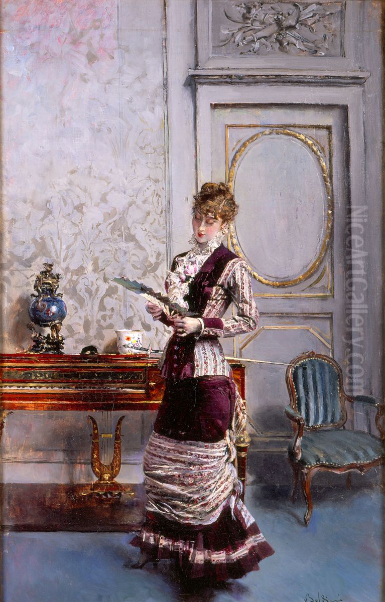 Berthe admiring a fan Oil Painting by Giovanni Boldini