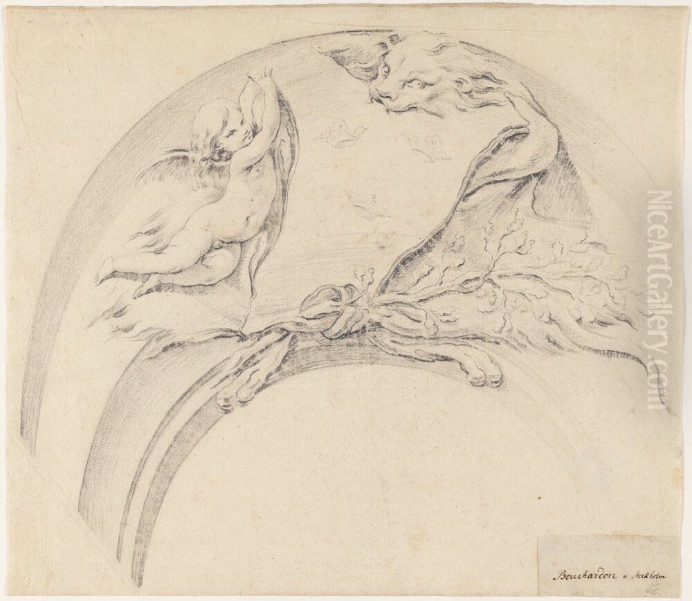 The Coat of Arms of Sweden Held by a Lion and a Genius Oil Painting by Jacques-Philippe Bouchardon