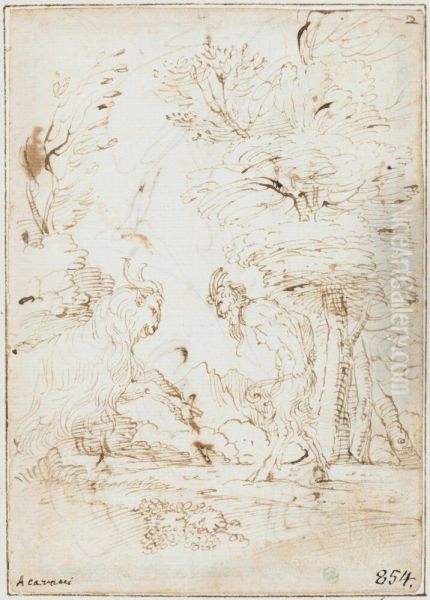 Landscape with a Satyr and a Goat Oil Painting by Agostino Carracci