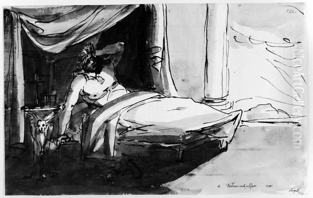 Vaknar med plagor. Blad 4 i Melankolisviten Oil Painting by Johan Tobias Sergel