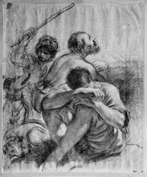 Study for a Composition with a Seated Man, a Bearded Man Looking Upwards, and a Boy with Two Dogs Oil Painting by Guercino