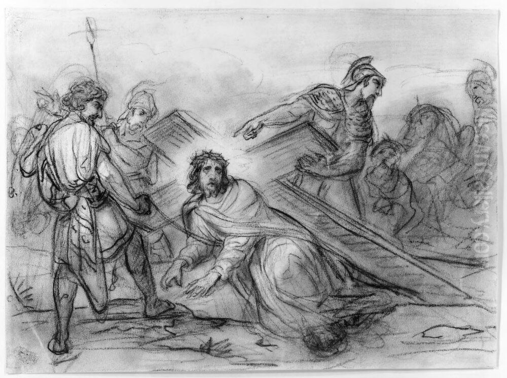 Jesus faller andra gangen Oil Painting by Octave Tassaert