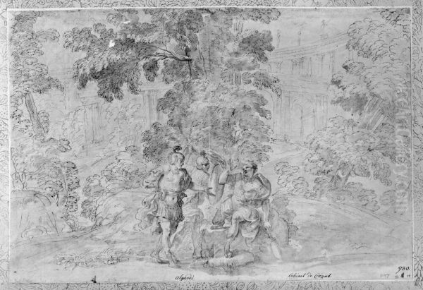 Landscape with Rinaldo implored by two soldiers Oil Painting by Domenico Maria Canuti