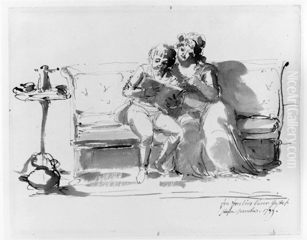 Fru Forelius lar Gustaf stava Oil Painting by Johan Tobias Sergel