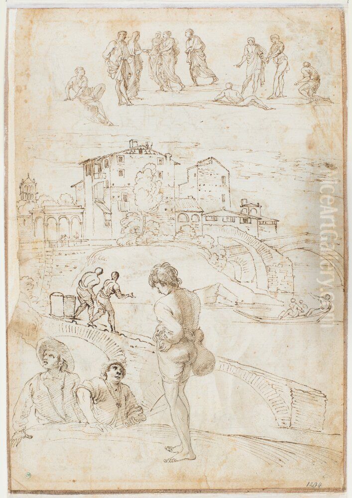 Composition with ten figures ; Middle: Townscape ; Bottom: Figures on and around a bridge Oil Painting by Giovanni Francesco Grimaldi