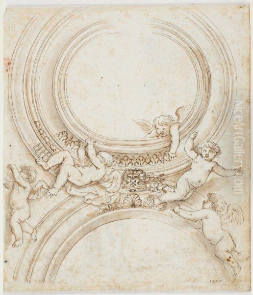 Ceiling. Roundel open to sky with five putti Oil Painting by Giovanni Francesco Grimaldi