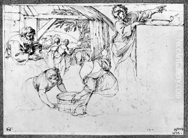 Study of several figures, two kneeling figures in the foreground. Youth pointing off right Oil Painting by Giovanni Francesco Grimaldi
