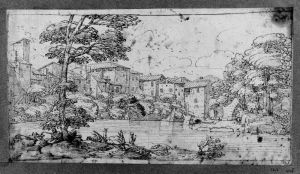 View of a village by a river