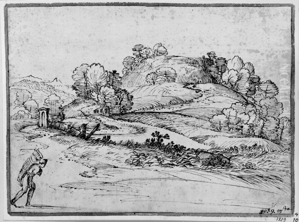 Landscape with a Figure in Foreground Left Oil Painting by Giovanni Francesco Grimaldi
