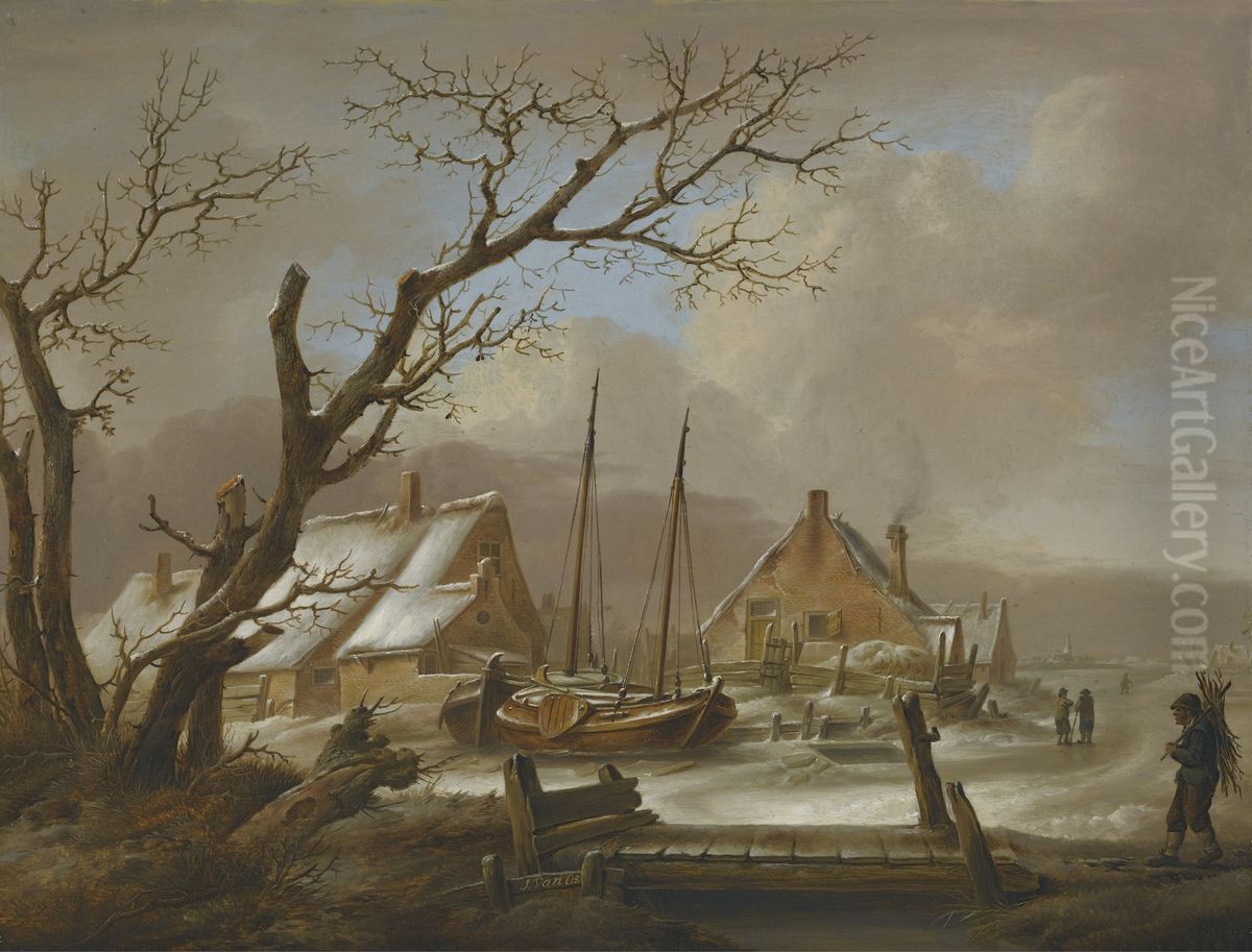 A Winter Landscape Oil Painting by Jan van Os
