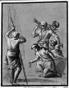 Group of six figures, one holding a net (Group of fishermen?)