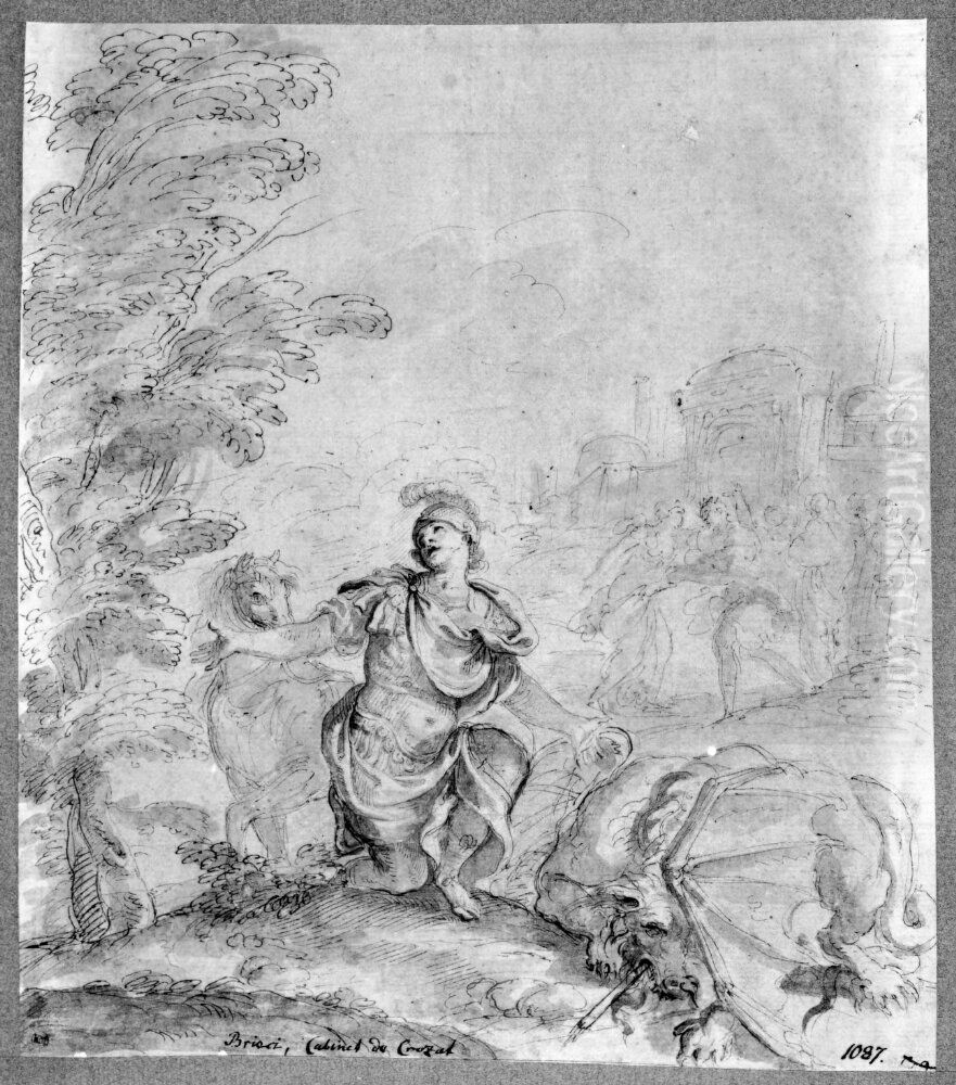 St. George giving thanks following his victorious slaying of the dragon. In the background, the princess embraces her father Oil Painting by Domenico Maria Canuti