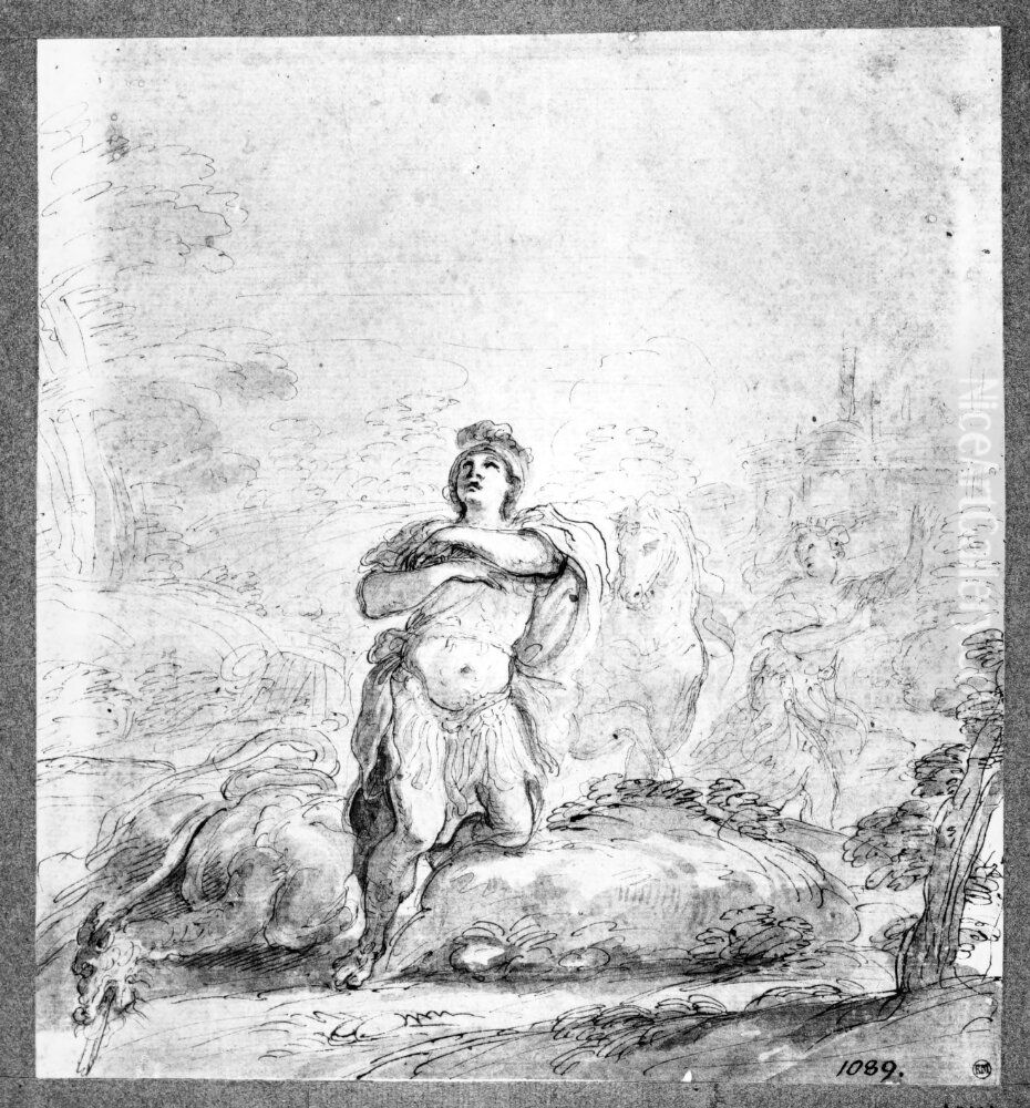 St. George kneeling by the slain dragon. The princess running away in the background Oil Painting by Domenico Maria Canuti