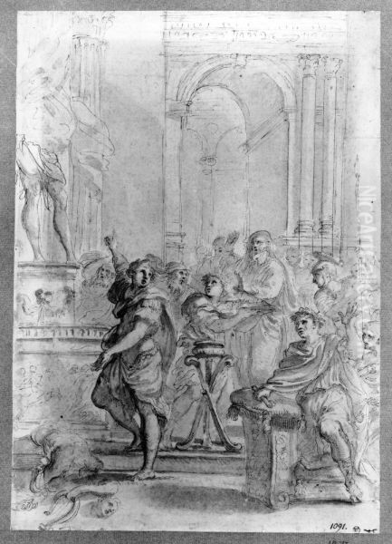 St. George preaching the idol falls into pieces in front of the praying emperor Oil Painting by Domenico Maria Canuti
