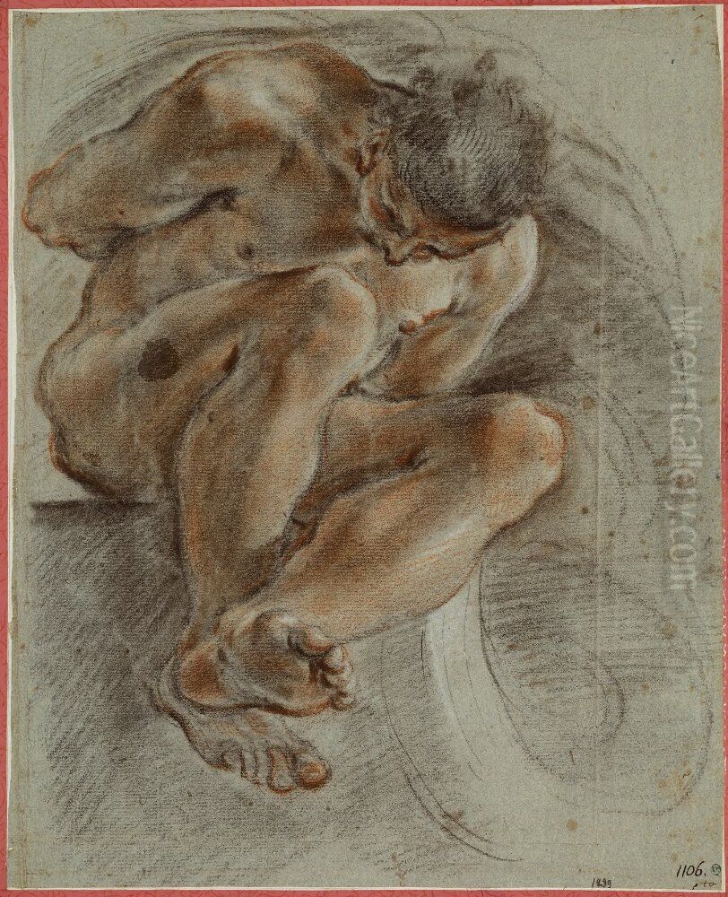 Study of a Man Seated on a Ledge, Hands Tied behind him Oil Painting by Domenico Maria Canuti