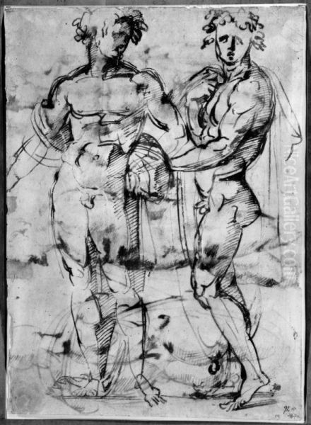 Study of two male nudes (recto) Oil Painting by Baccio Bandinelli