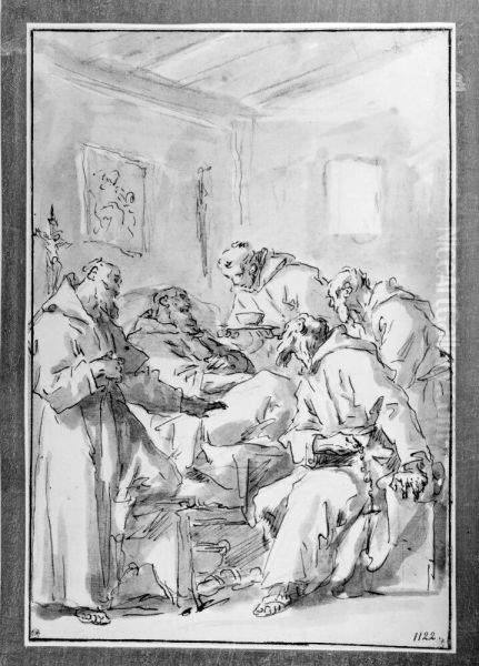 A Dying Monk Attended by Four Brethren Oil Painting by Gaspare Diziani