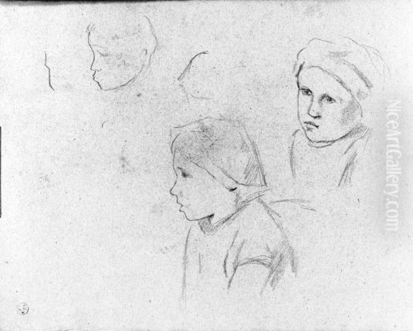 Barnprofiler. Blad 14 verso i skissbok om 36 blad Oil Painting by Paul Gauguin