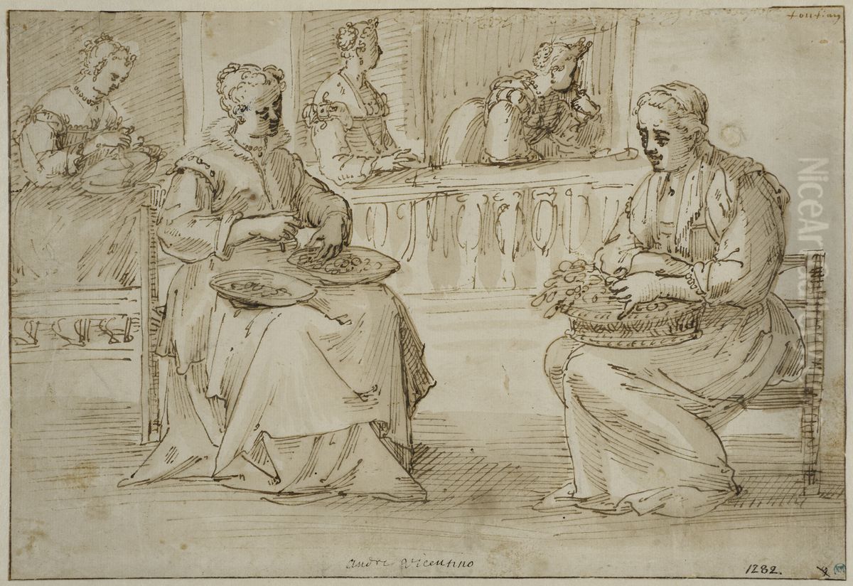 Tva kvinnor med skalar i knat sitter pa en terrass Oil Painting by Pietro Liberi