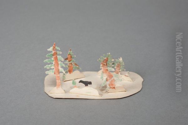 Black bird on a stone and some trees [one of 36 figures] Oil Painting by Ivar Arosenius
