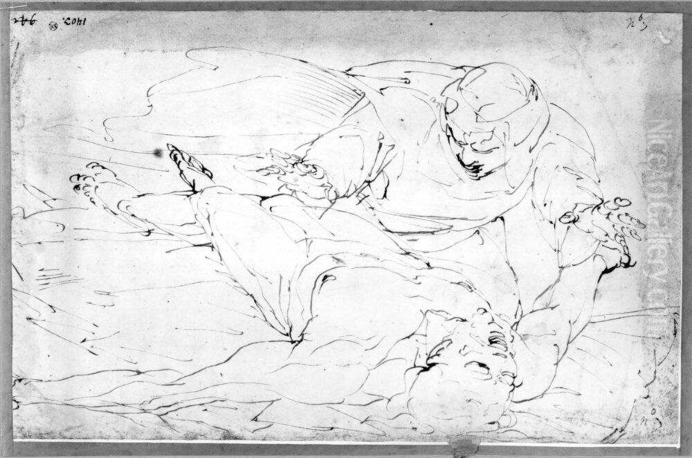 Fallen Man Mourned by a Man in a Wind-blown Cloak Oil Painting by Luca Cambiaso