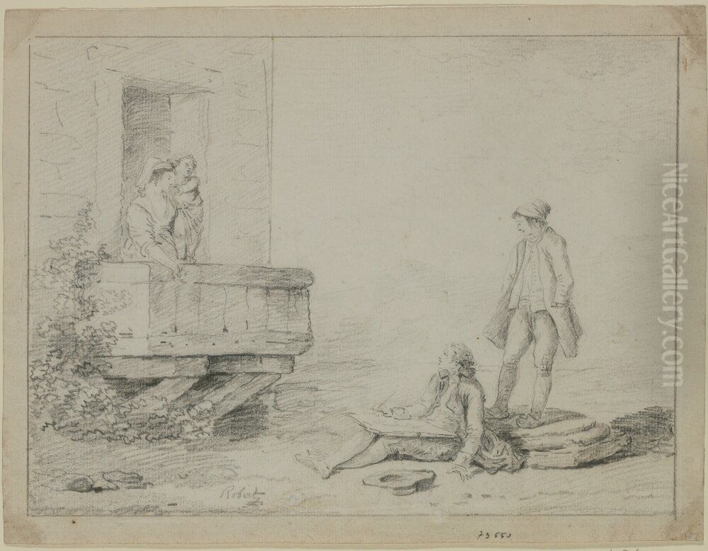 Sjalvportratt. Konstnaren tecknande en bondkvinna med barn Oil Painting by Hubert Robert