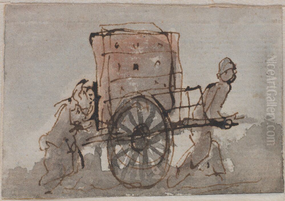 Tva figurer kora en byra pa en karra Oil Painting by Elias Martin