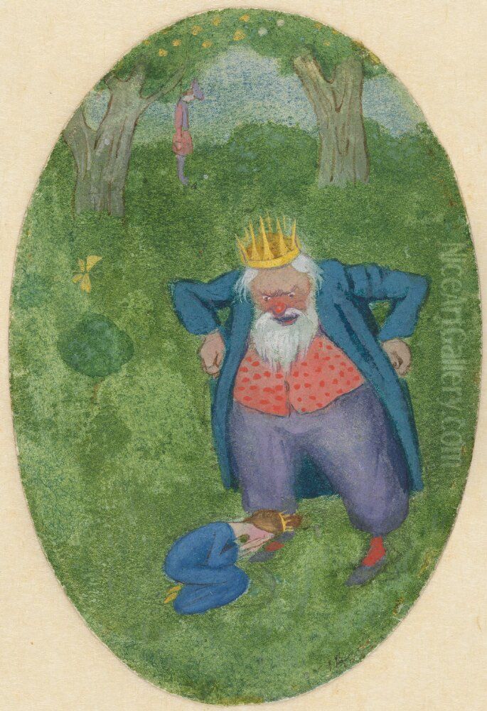 En karlekssaga. Serie om fyra bilder. 3, Prinsessan krymper infor kungens vrede Oil Painting by Ivar Arosenius