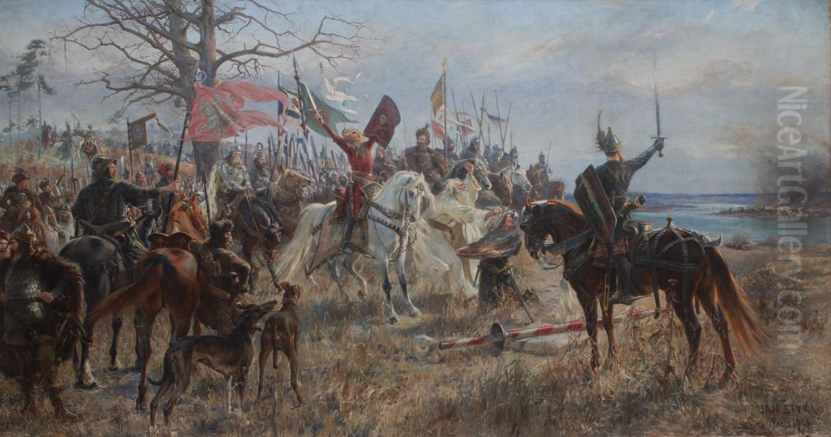 Przysiega Witolda (ksiaze Witold przysiega zemste krzyzakom w obliczu plonacego Kowna w 1362 r.) Oil Painting by Jan Styka