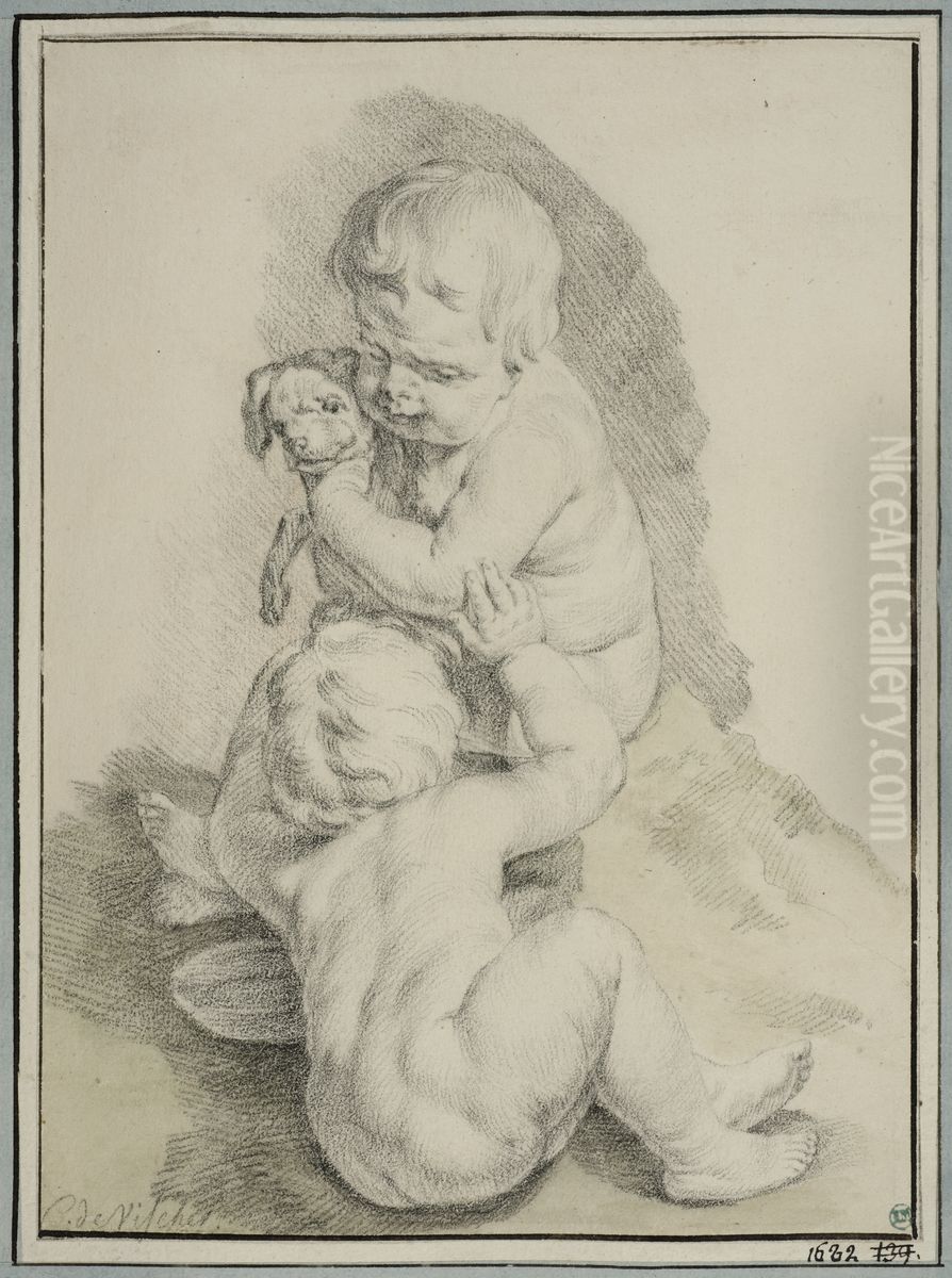 Putti leker med en hundvalp Oil Painting by Cornelis Ii Visscher