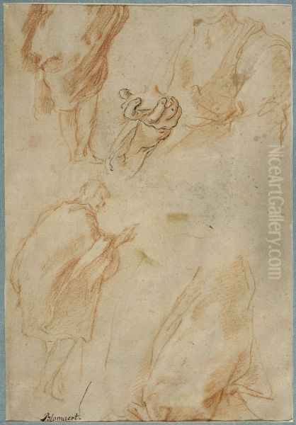 Studie av en man draperad i rock, sedd bakifran, och en kvinna som haller ett foremal Oil Painting by Abraham Bloemaert