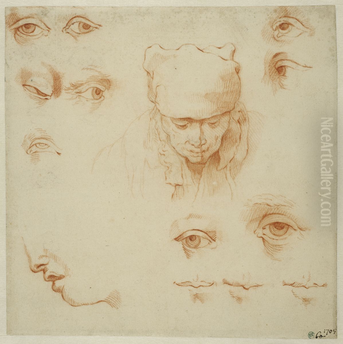 En gammal gummas huvud, studier av ogon och munnar Oil Painting by Abraham Bloemaert