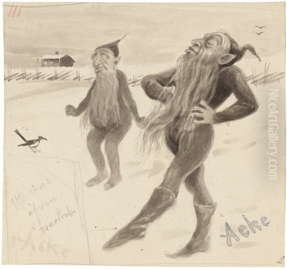 Two Gnomes in a Winter Landscape Oil Painting by J.A.G. Acke
