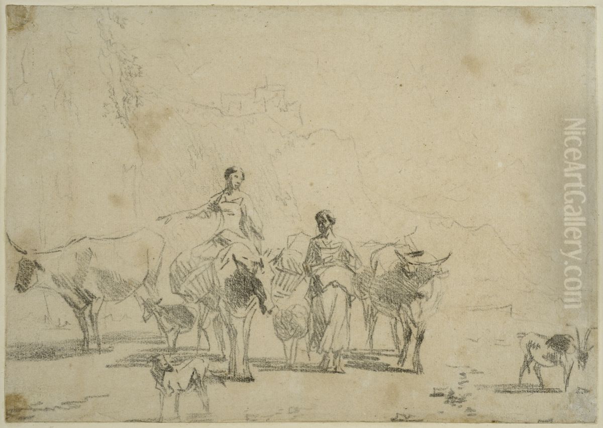 Italienskt landskap med tva kvinnor och boskap Oil Painting by Nicolaes Pieterszoon Berchem