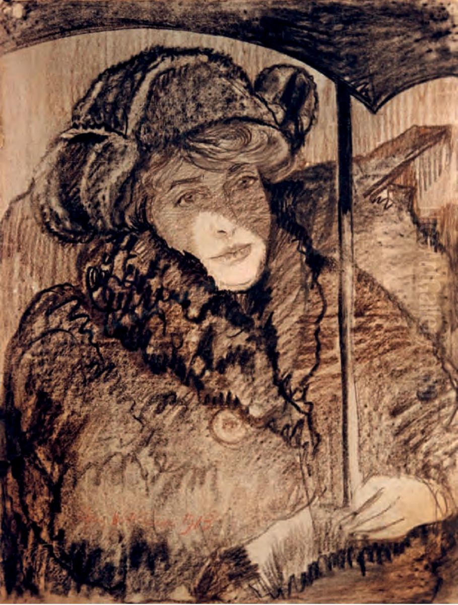 Portrait of Jadwiga Janczewska, under an umbrella Oil Painting by Stanislaw Ignacy Witkiewicz (Witkacy)