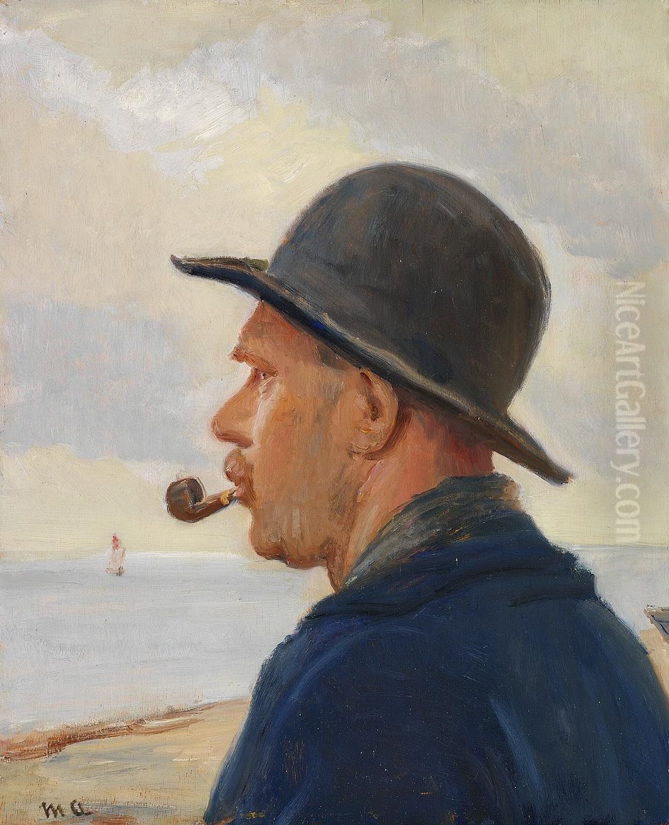 A man with pipe and a felt hat on the Skagen beach. Oil Painting by Michael Peter Ancher