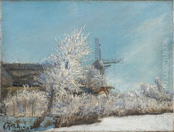 Vinterdag med molle og strataekt gard Oil Painting by Laurits Andersen Ring