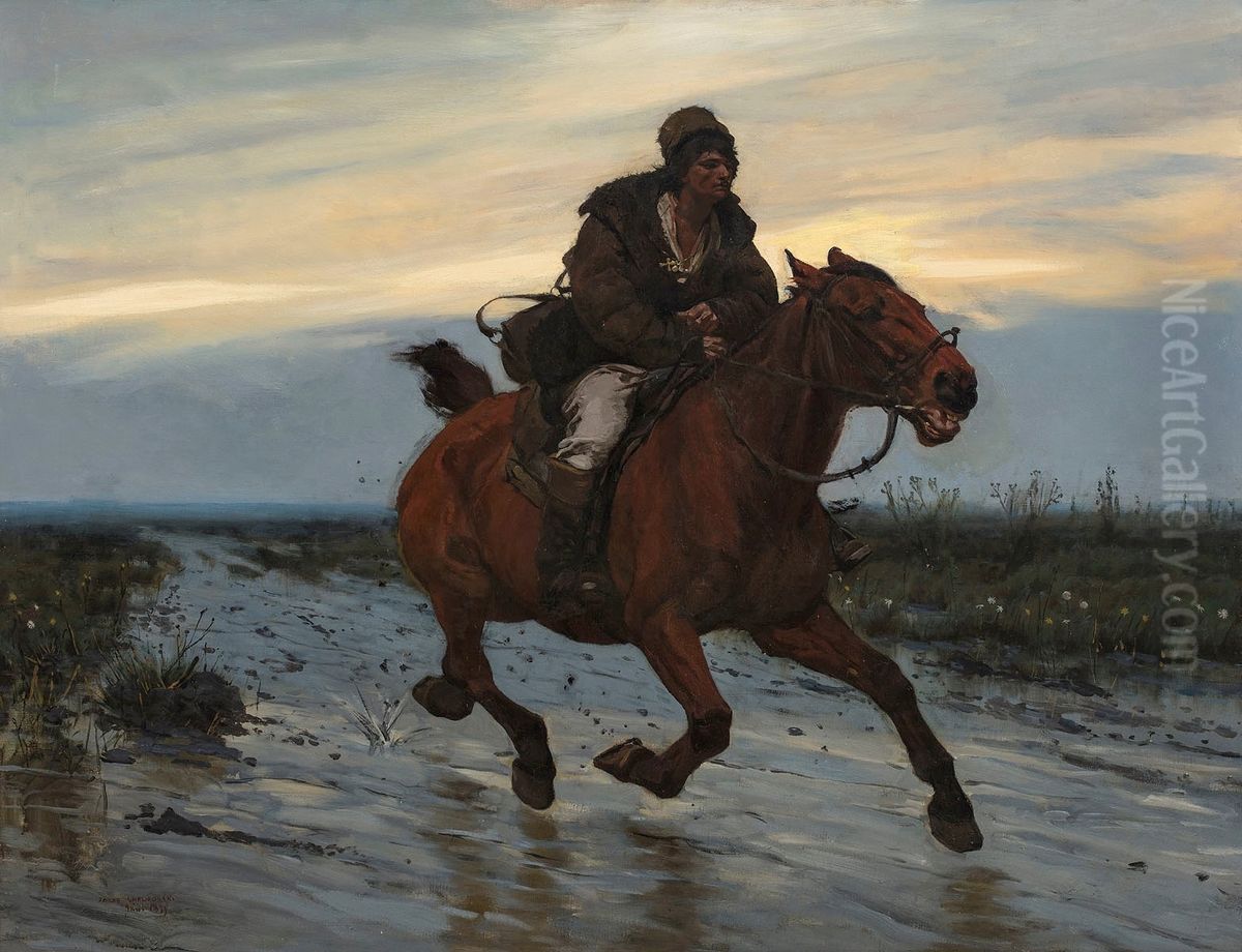 Jezdziec (Poslaniec) Oil Painting by Jozef Chelmonski