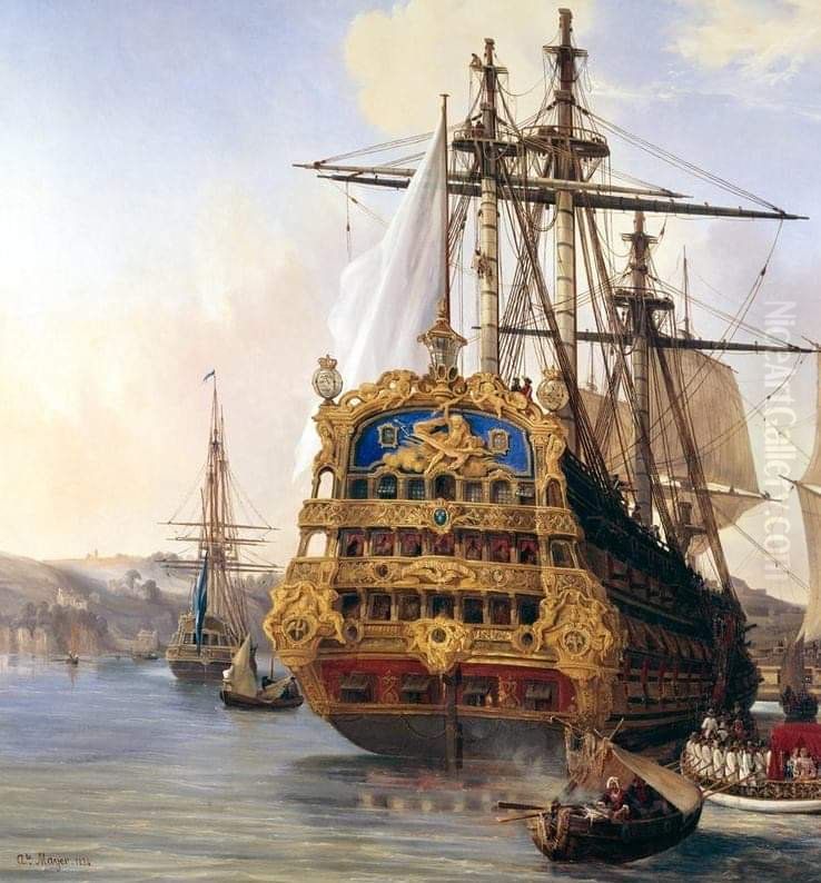 francais a trois-pont leFoudroyanten 1724 a Brest. Oil Painting by Auguste Etienne Francois Mayer