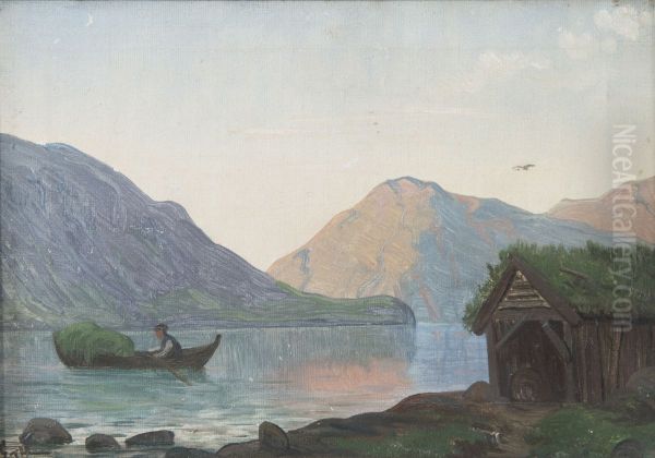 Fjordlandskap med mann i bat Oil Painting by Christian Skredsvig